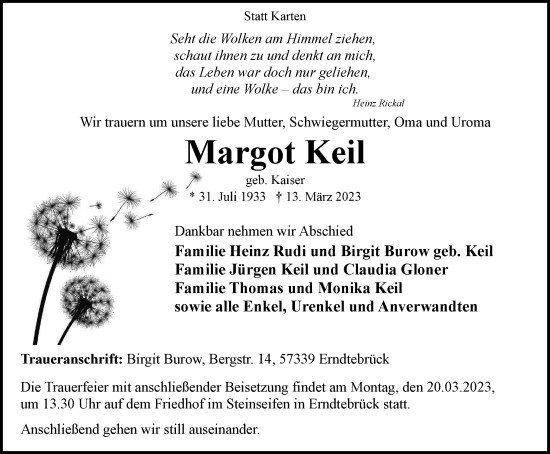 Traueranzeige von Margot Keil von Tageszeitung