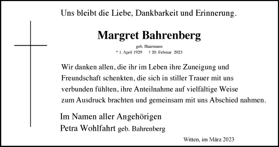 Traueranzeige von Margret Bahrenberg von Tageszeitung