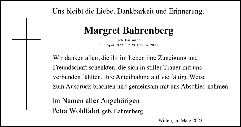  Traueranzeige für Margret Bahrenberg vom 25.03.2023 aus Tageszeitung