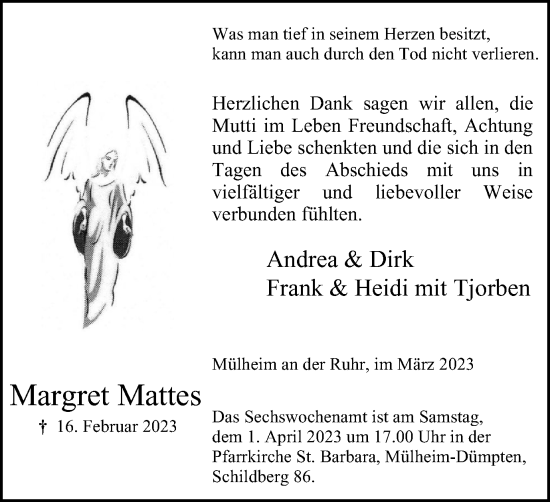 Traueranzeige von Margret Mattes von Tageszeitung