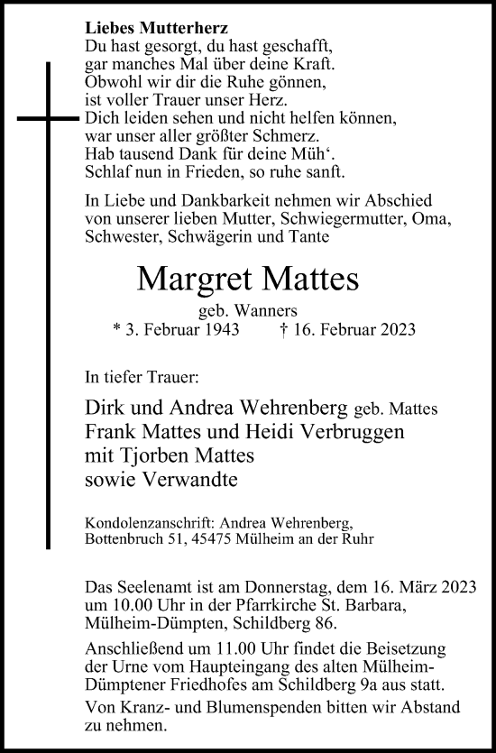 Traueranzeige von Margret Mattes von WVW Anzeigenblätter