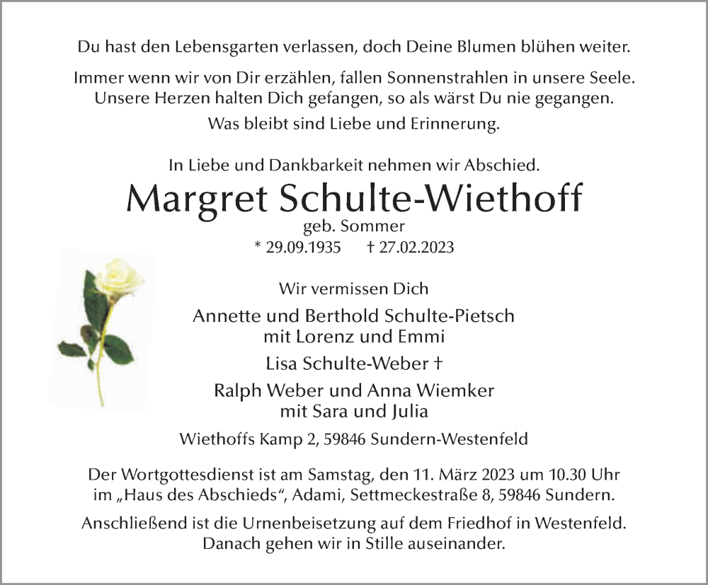  Traueranzeige für Margret Schulte-Wiethoff vom 04.03.2023 aus Tageszeitung