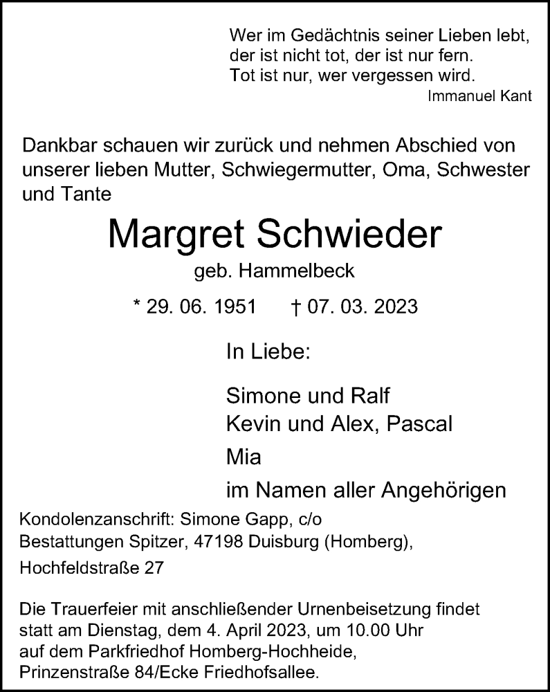  Traueranzeige für Margret Schwieder vom 25.03.2023 aus Tageszeitung