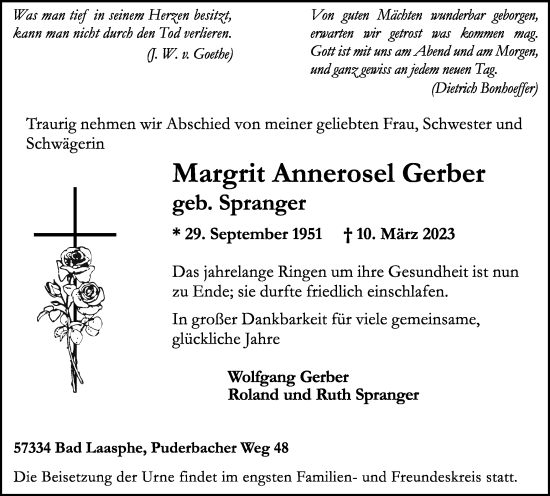 Traueranzeige von Margrit Annerosel Gerber von Tageszeitung