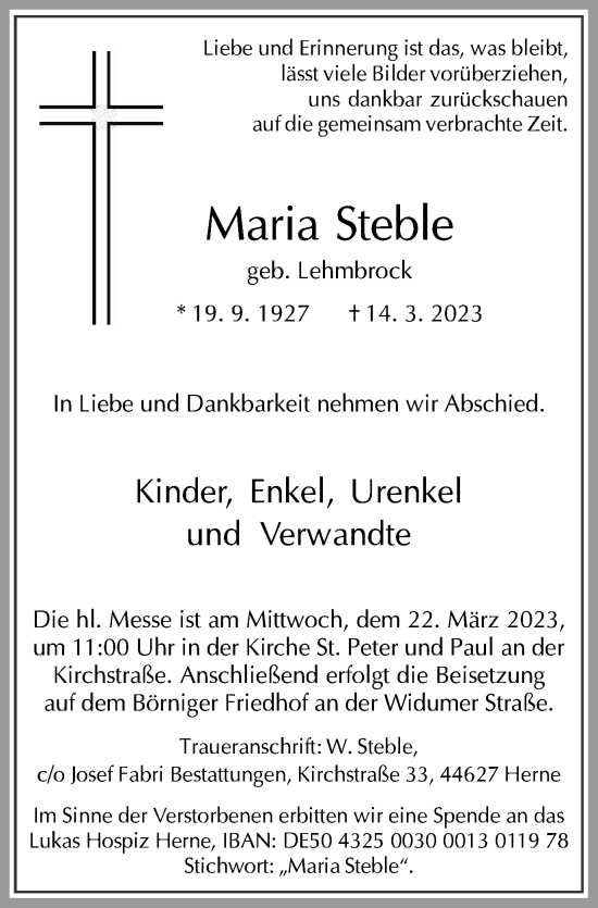 Traueranzeige von Maria Steble von Tageszeitung