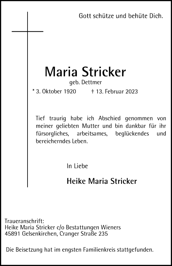 Traueranzeige von Maria Stricker von Tageszeitung