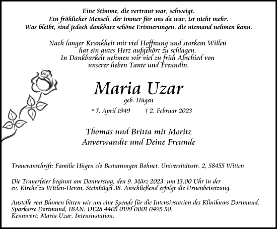 Traueranzeige von Maria Uzar von Tageszeitung