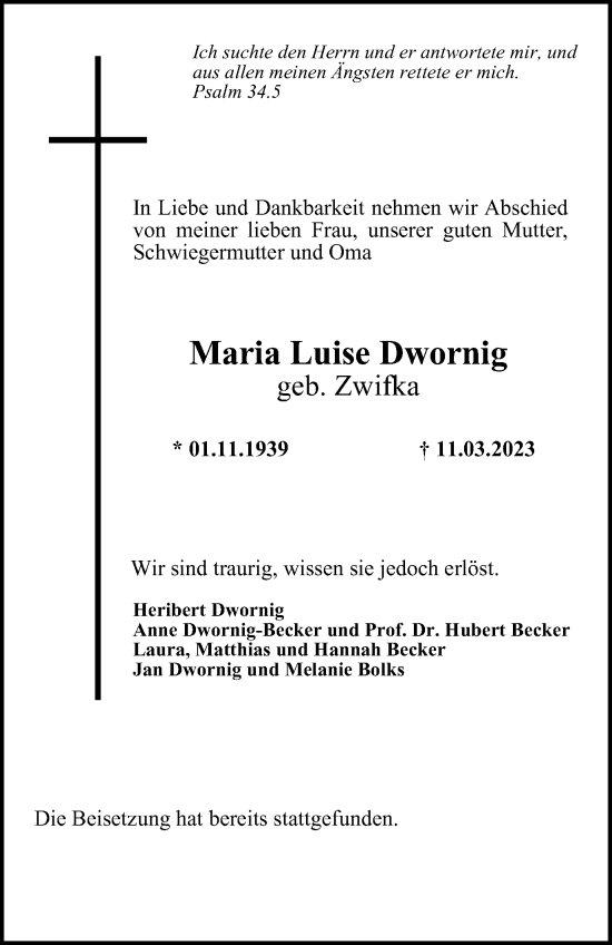 Traueranzeige von Maria Luise Dwornig von WVW Anzeigenblätter
