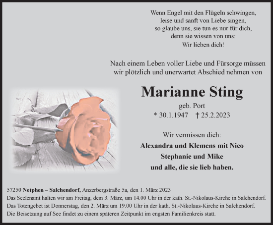 Traueranzeige von Marianne Sting von Tageszeitung