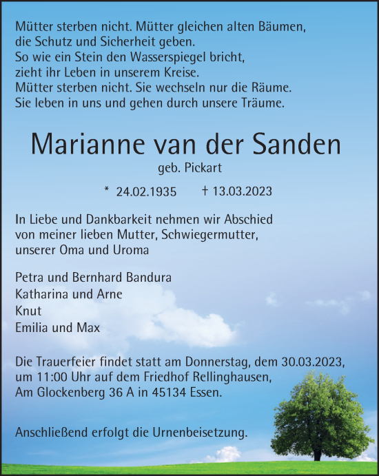 Traueranzeige von Marianne van der Sanden von Tageszeitung