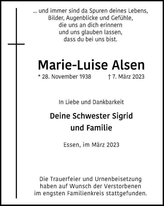 Traueranzeige von Marie-Luise Alsen von Tageszeitung