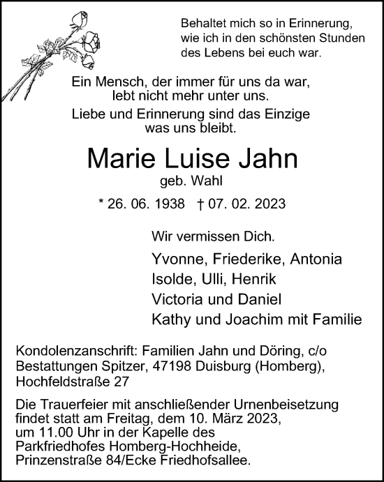 Traueranzeige von Marie Luise Jahn von Tageszeitung