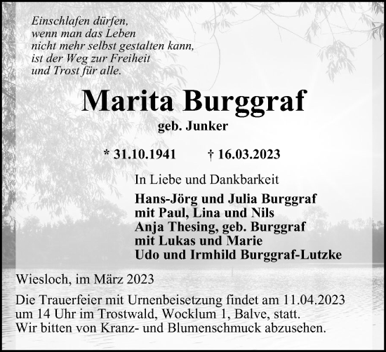 Traueranzeige von Marita Burggraf von Tageszeitung