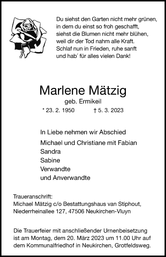 Traueranzeige von Marlene Mätzig von Tageszeitung
