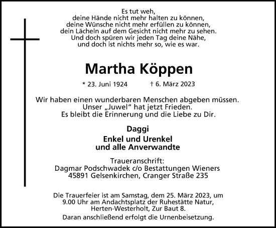 Traueranzeige von Martha Köppen von WVW Anzeigenblätter