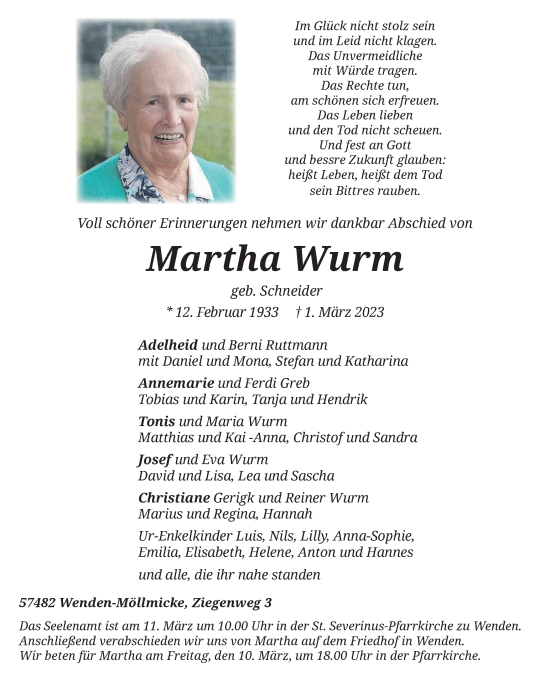 Traueranzeige von Martha Wurm von Tageszeitung