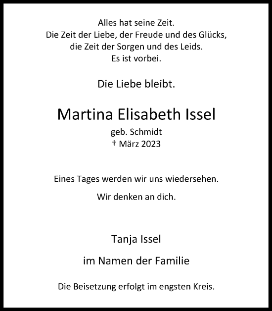 Traueranzeige von Martina Elisabeth Issel von WVW Anzeigenblätter