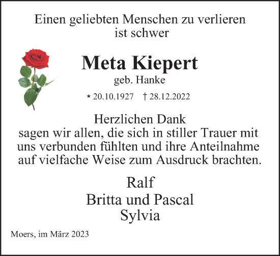 Traueranzeige von Meta Kiepert von Tageszeitung