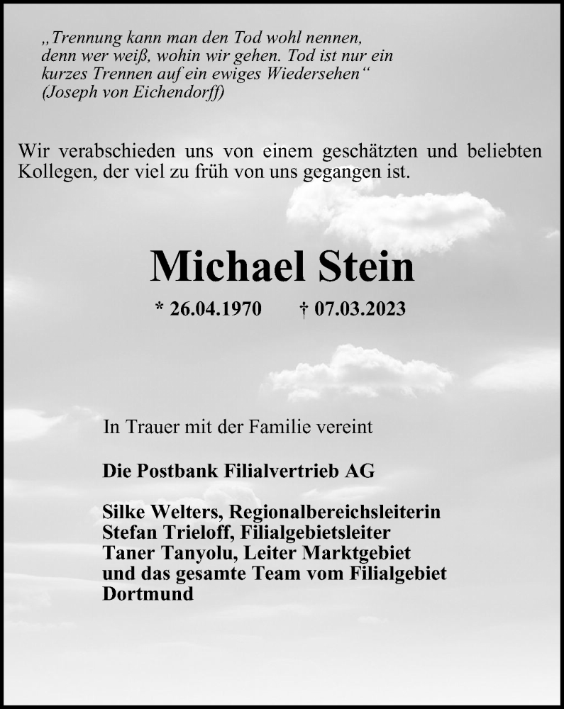 Traueranzeigen von Michael Stein TrauerinNRW.de