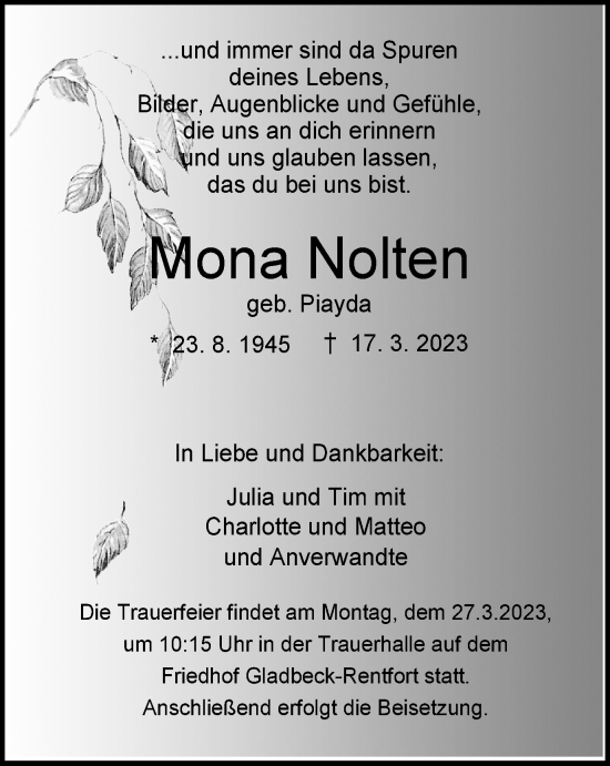 Traueranzeige von Mona Nolten von WVW Anzeigenblätter