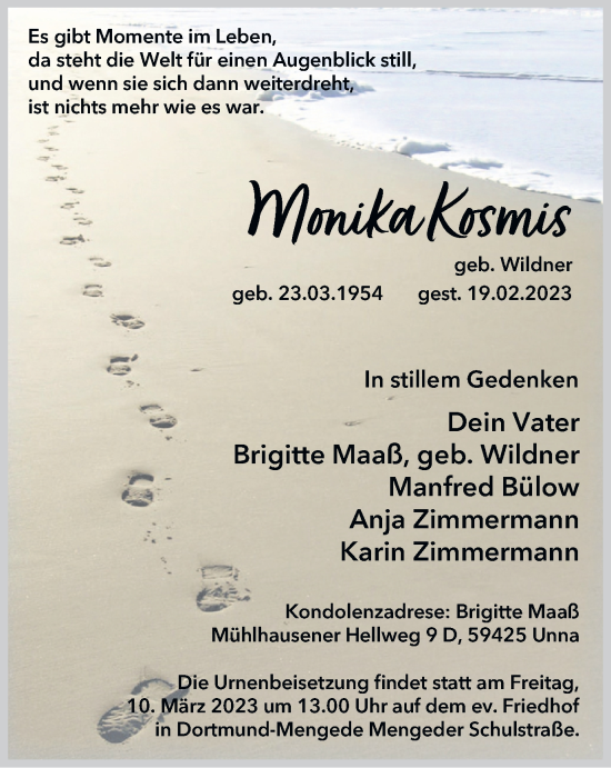 Traueranzeige von Monika Kosmis von Tageszeitung