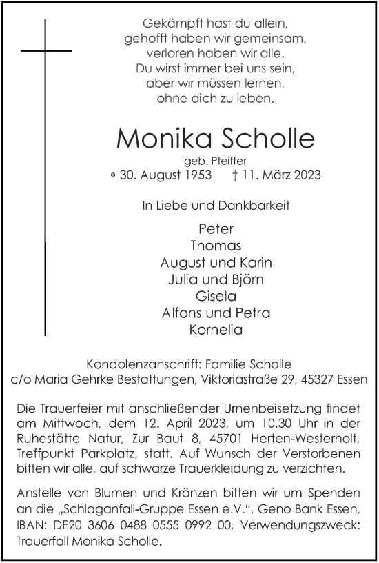 Traueranzeige von Monika Scholle von Tageszeitung