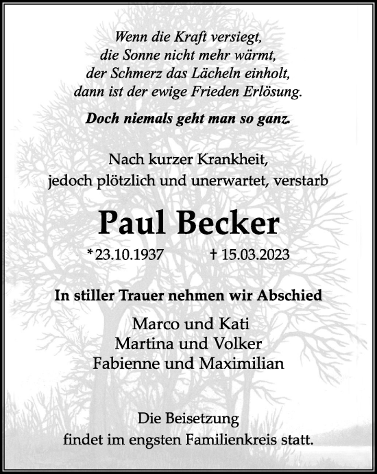 Traueranzeige von Paul Becker von Tageszeitung