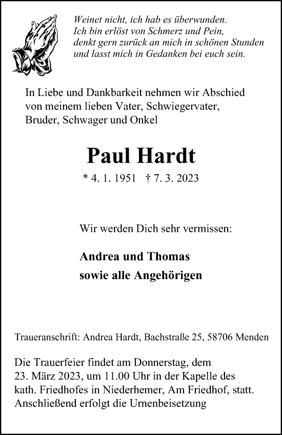 Traueranzeige von Paul Hardt von WVW Anzeigenblätter