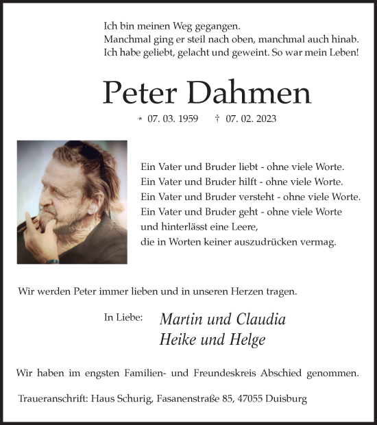 Traueranzeige von Peter Dahmen von Tageszeitung
