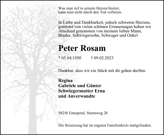 Traueranzeige von Peter Rosam von Tageszeitung