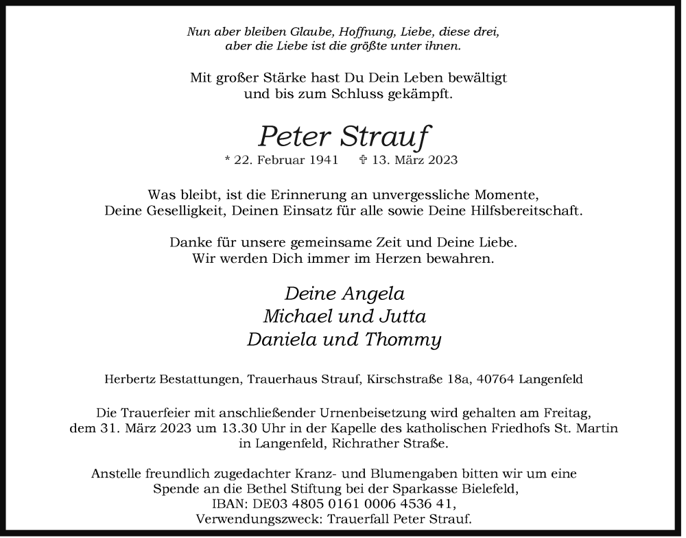 Traueranzeige für Peter Strauf vom 18.03.2023 aus WVW Anzeigenblätter