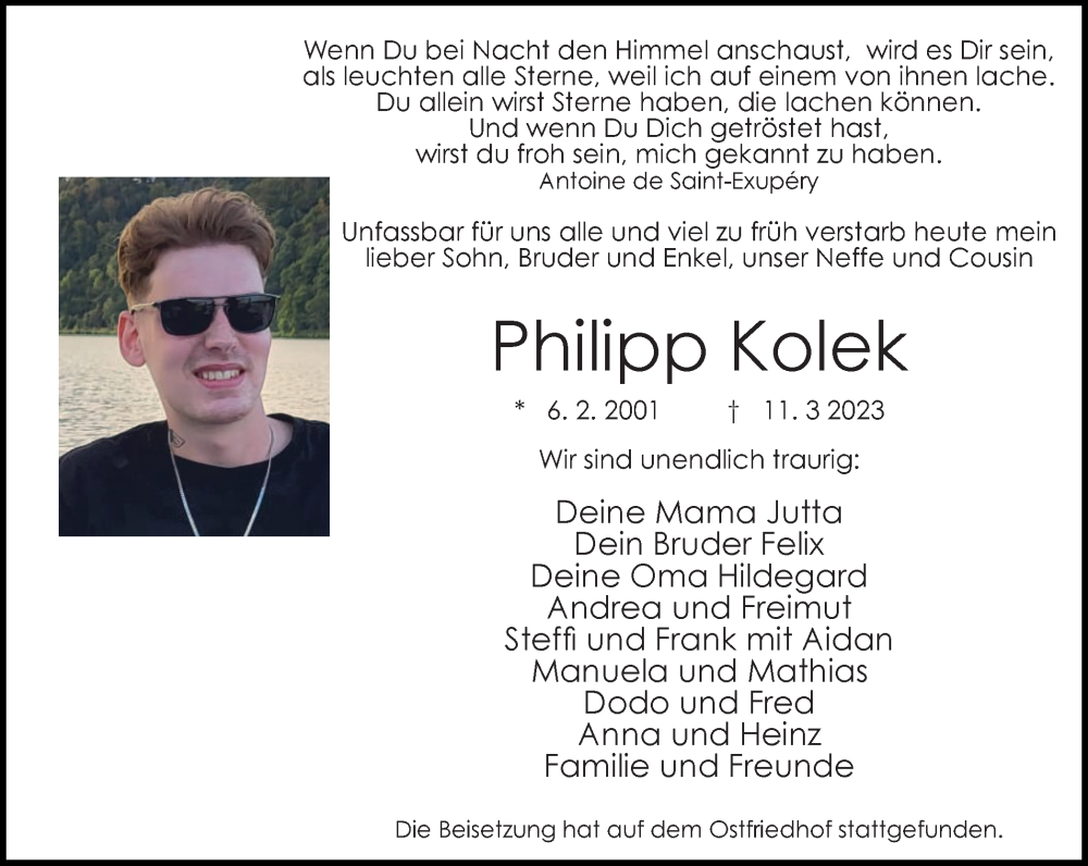  Traueranzeige für Philipp Kolek vom 25.03.2023 aus WVW Anzeigenblätter