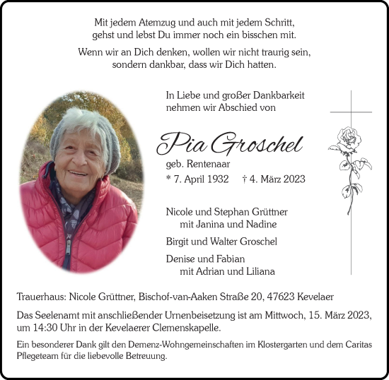 Traueranzeige von Pia Groschel von WVW Anzeigenblätter