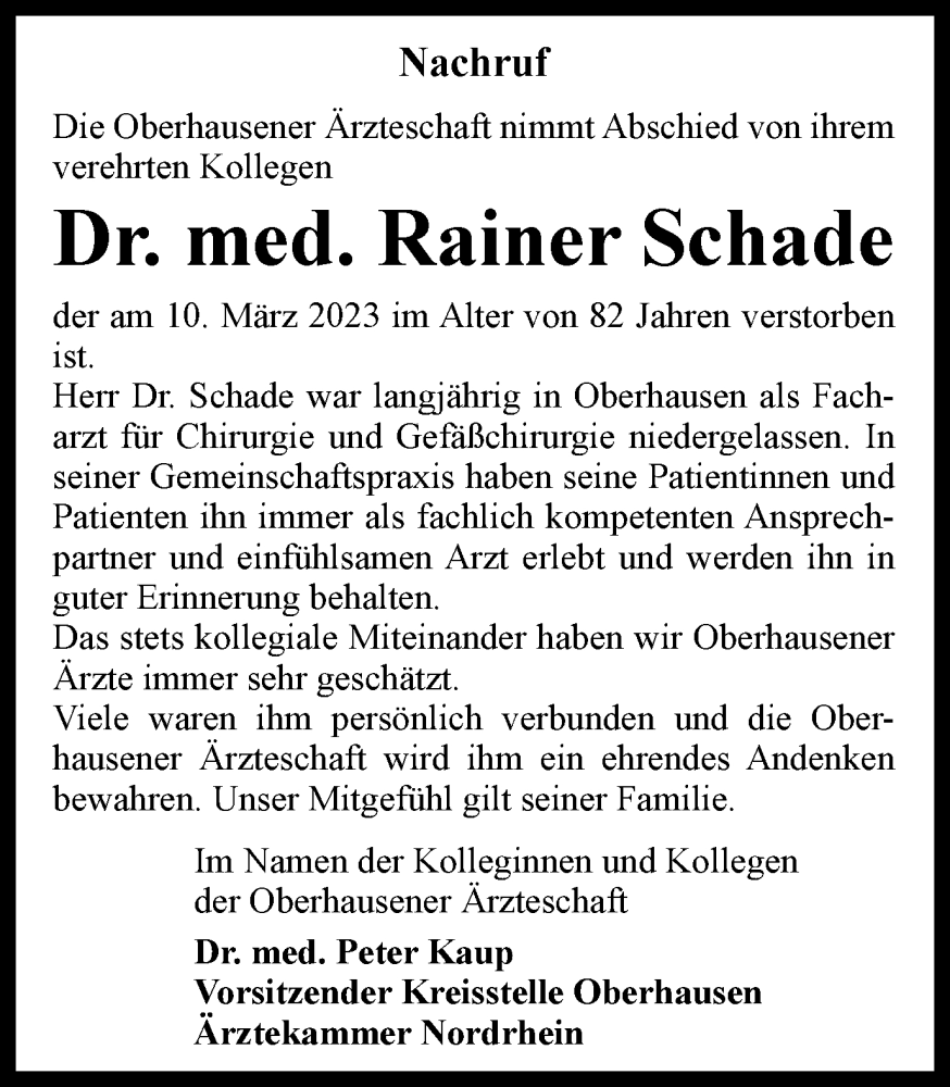  Traueranzeige für Rainer Schade vom 25.03.2023 aus Tageszeitung