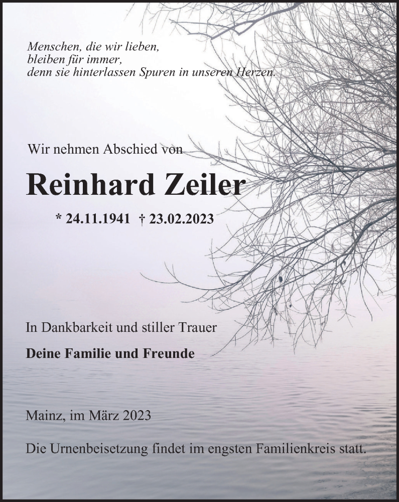  Traueranzeige für Reinhard Zeiler vom 11.03.2023 aus WVW Anzeigenblätter