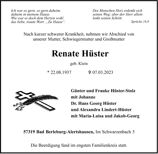 Traueranzeige von Renate Hüster von Tageszeitung