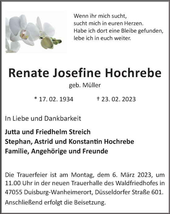 Traueranzeige von Renate Josefine Hochrebe von Tageszeitung