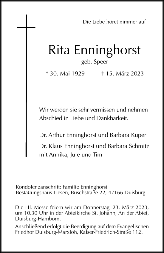 Traueranzeige von Rita Enninghorst von Tageszeitung
