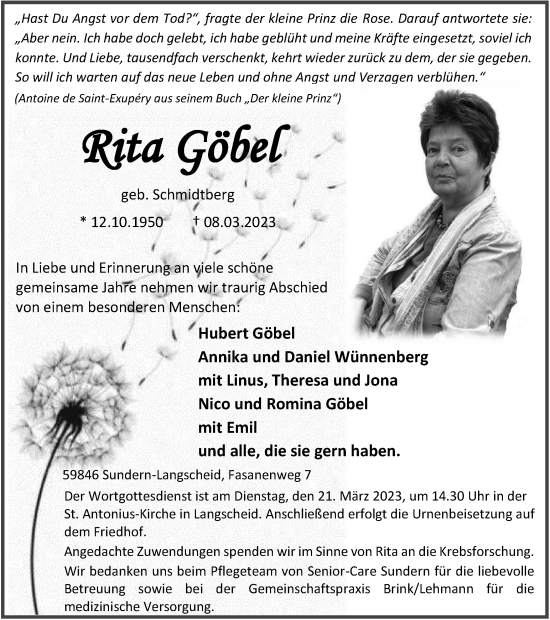 Traueranzeige von Rita Göbel von Tageszeitung