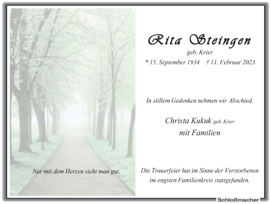 Traueranzeige von Rita Steingen von WVW Anzeigenblätter