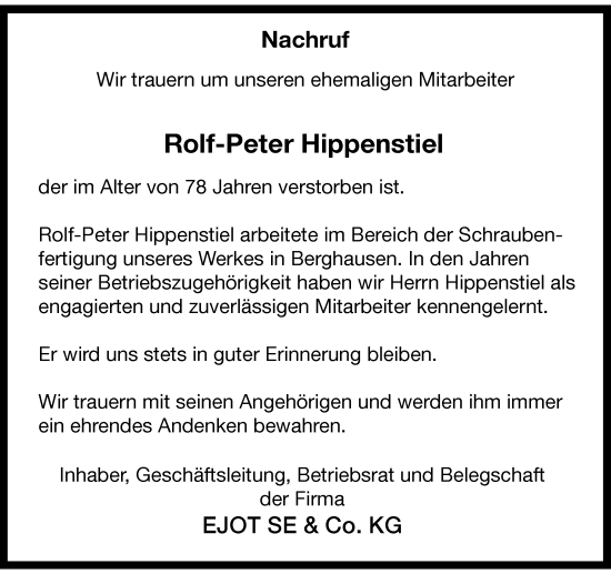 Traueranzeige von Rolf-Peter Hippenstiel von Tageszeitung