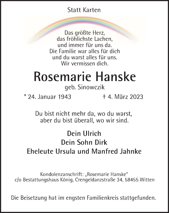 Traueranzeige von Rosemarie Hanske von WVW Anzeigenblätter