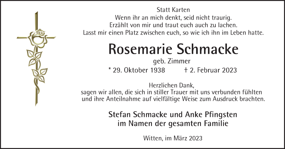  Traueranzeige für Rosemarie Schmacke vom 04.03.2023 aus Tageszeitung
