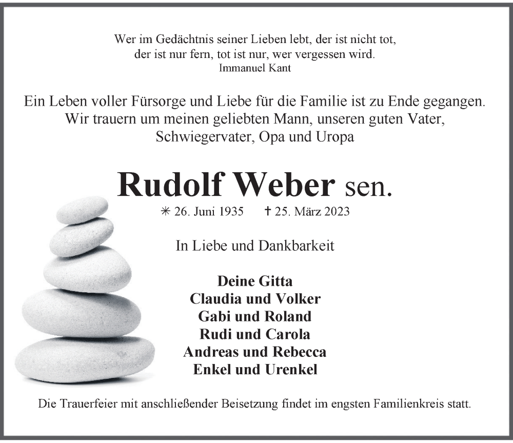 Traueranzeige für Rudolf Weber vom 31.03.2023 aus Tageszeitung