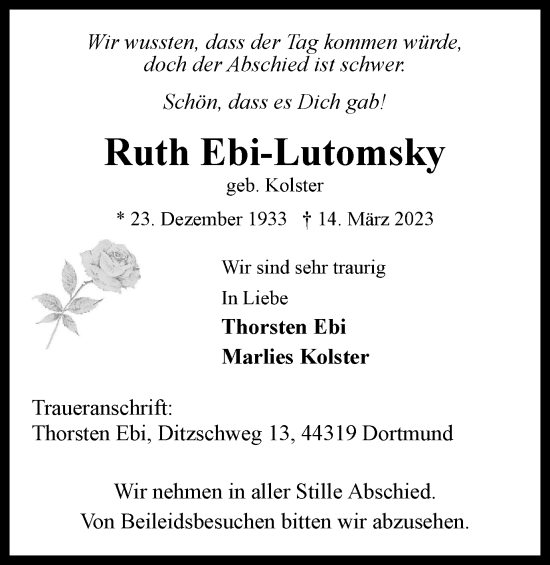 Traueranzeige von Ruth Ebi-Lutomsky von Tageszeitung