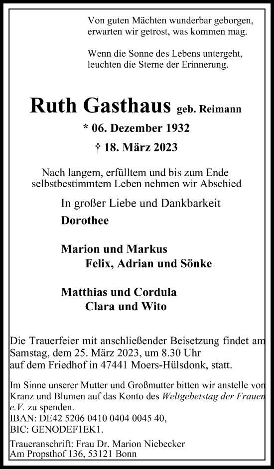 Traueranzeige von Ruth Gasthaus von Tageszeitung