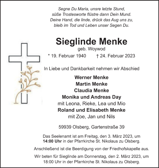 Traueranzeige von Sieglinde Menke von Tageszeitung