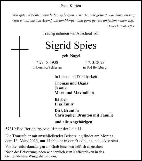 Traueranzeige von Sigrid Spies von Tageszeitung