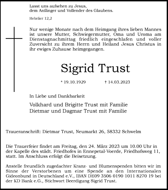Traueranzeige von Sigrid Trust von Tageszeitung