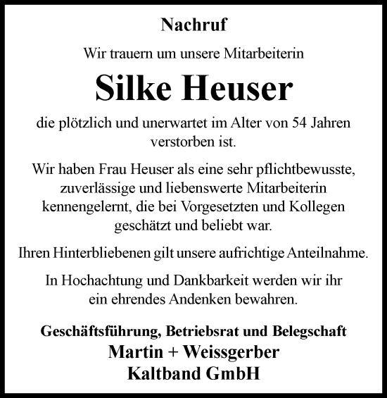 Traueranzeige von Silke Heuser von Tageszeitung
